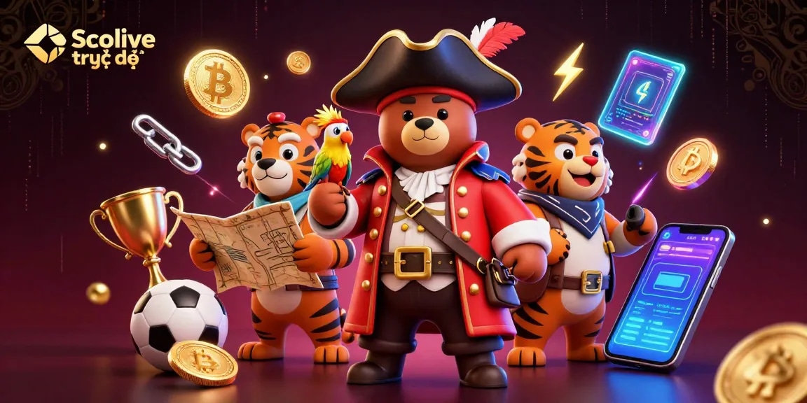 Experience Socolive trực tiếp with a vibrant 3D scene showcasing a pirate bear and tiger amidst dynamic sports betting elements.