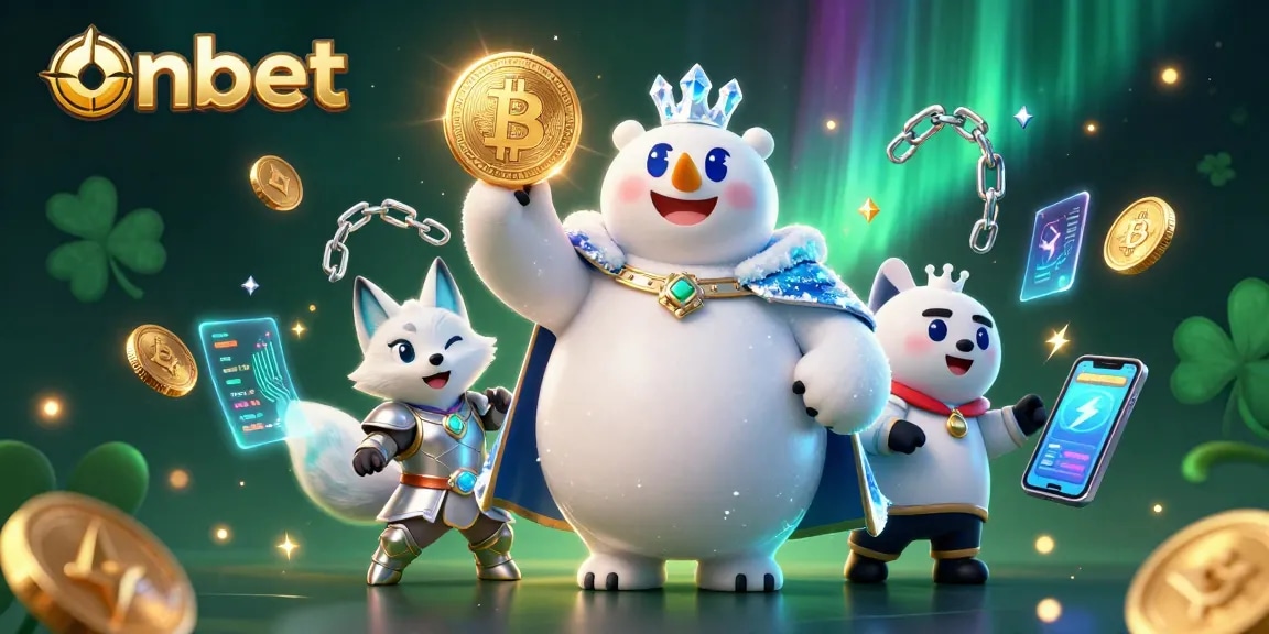 Engage in thrilling games at Onbet with a vivid 3D cartoon scene showcasing dynamic characters and cryptocurrency elements.