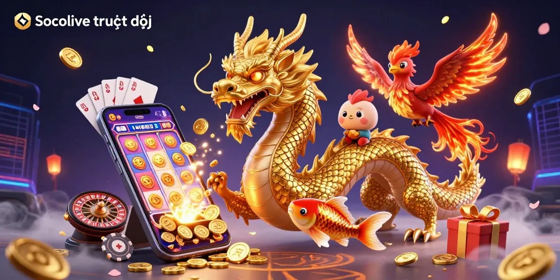 Socolive trực tiếp brings excitement with vibrant casino action featuring a golden dragon and colorful slot games.