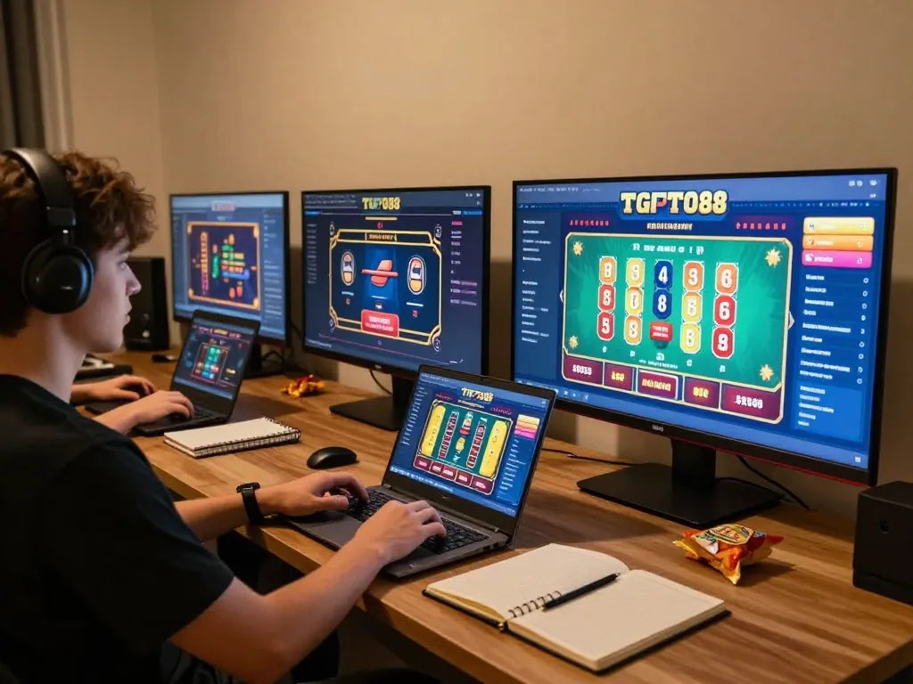 TG88 app displayed on laptop during online gambling session with chips and notes nearby