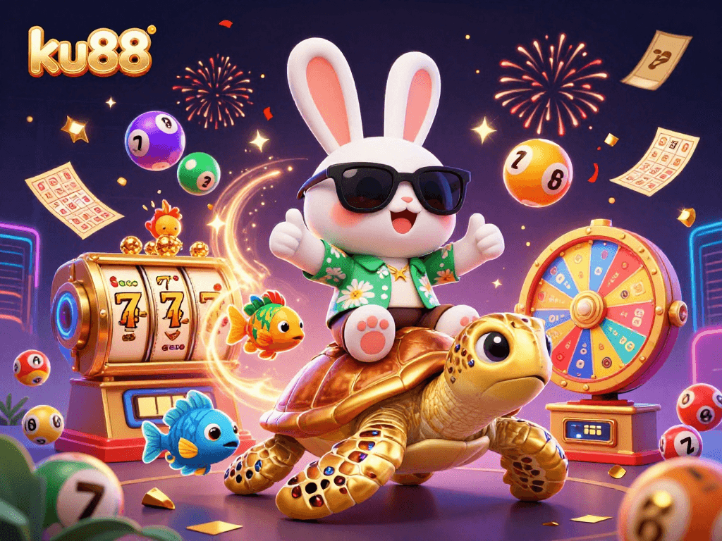 ku88 brings luck with a cartoon rabbit and turtle in a vibrant casino scene filled with lottery excitement.