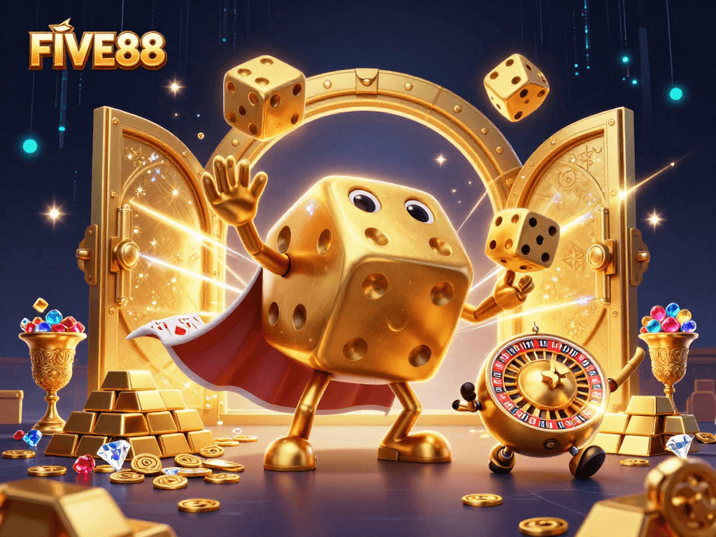 Experience the thrill of FIVE88 with a vibrant casino scene, featuring a whimsical golden dice golem and jewel-rich treasures.