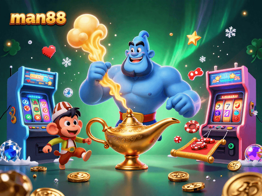 Play exciting games at man88 with a vibrant illustration featuring a genie, poker chips, and slot reels.