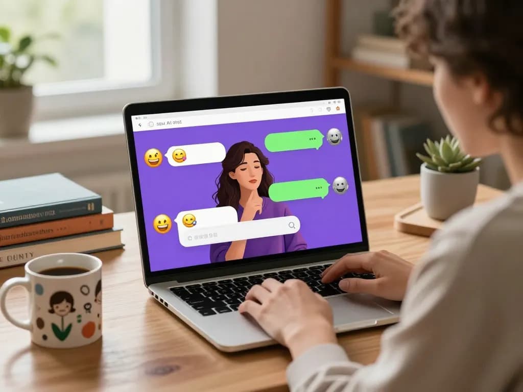 Engaging conversation with an AI chatbot in a cozy home office, illustrating the concept of sex ai chat.