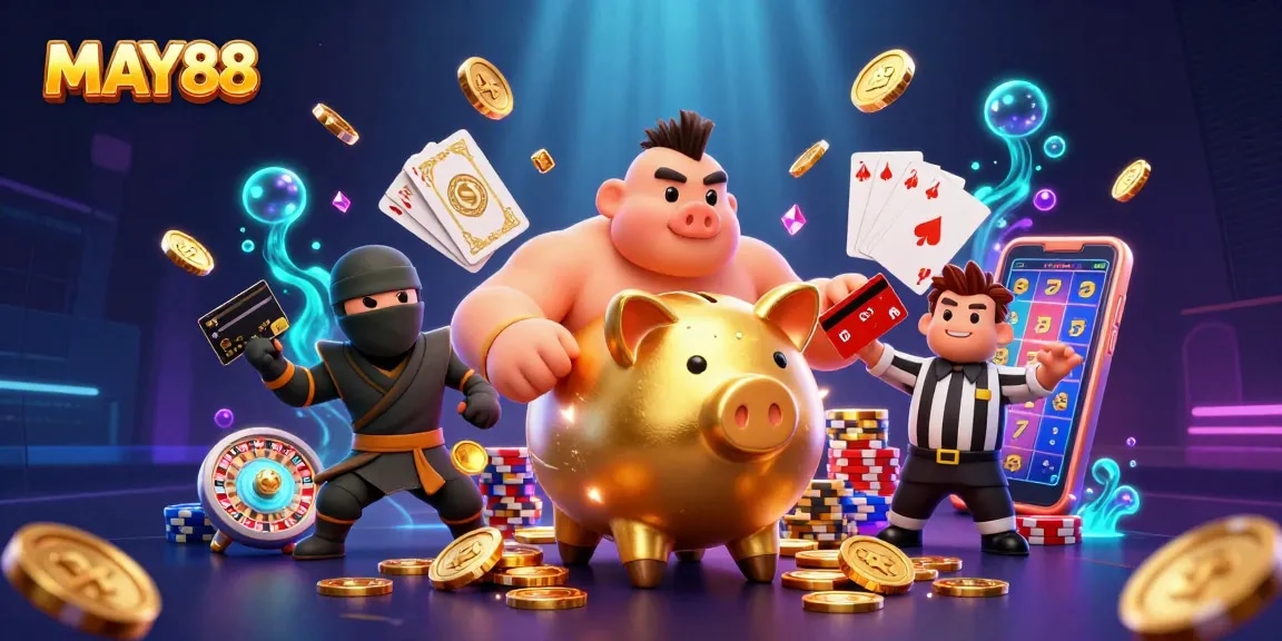 MAY88 showcases a vibrant casino scene with golden piggy bank, wallet-ninja, and coins cascading.