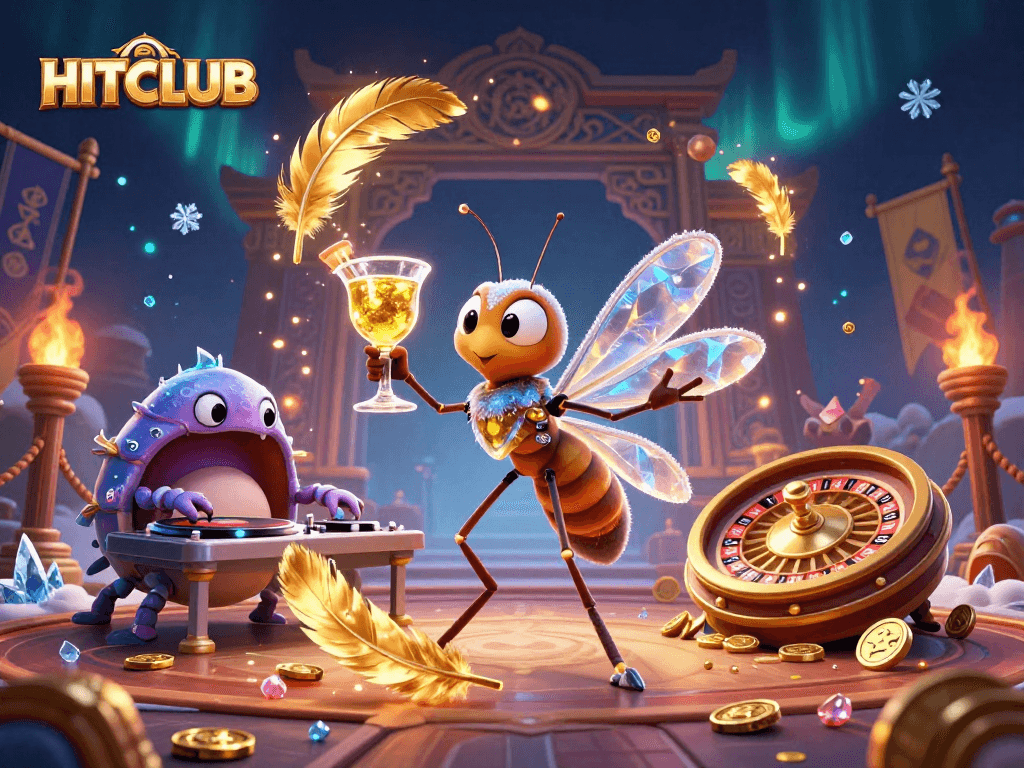 Engage with HITCLUB's charming casino mascot and vibrant gambling elements in this 3D scene.