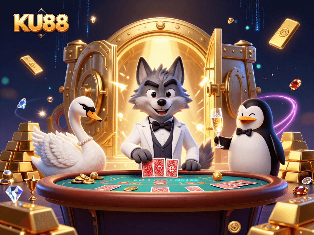 Experience thrilling baccarat action with KU88 amidst lavish casino elements.