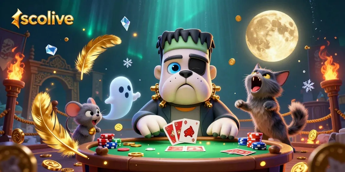 Socolive offers thrilling card games, featuring a unique Frankenstein bulldog dealer in a vibrant casino setting.
