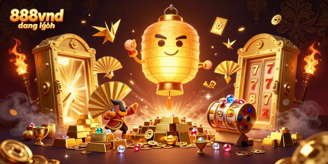 Spin the reels at 888vnd đăng nhập, surrounded by golden treasures and lively casino atmosphere.