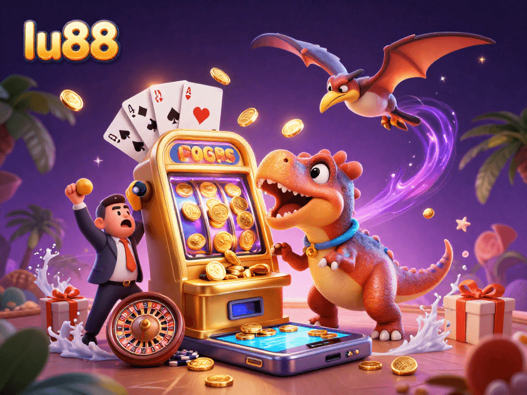 lu88 showcases a dynamic 3D casino scene with characters celebrating a jackpot win.