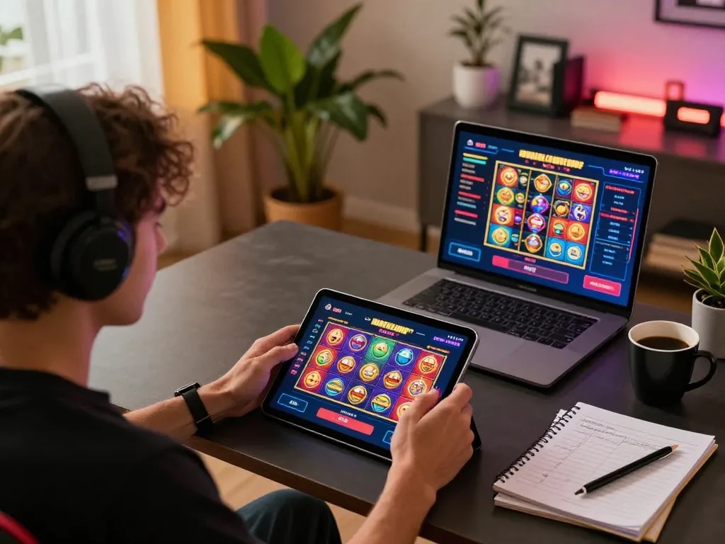 Engaging with online slots at home using link vào lc88 on a tablet surrounded by gaming notes.