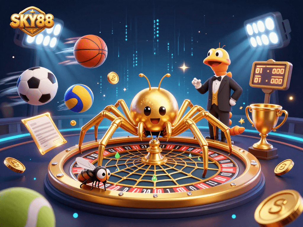 Experience excitement at SKY88 as a fly nervously bets at a roulette wheel web with a centipede croupier.