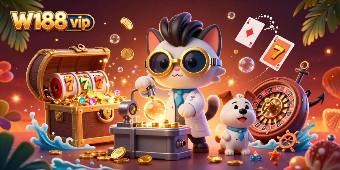 Win big with W188 vip in this vibrant 3D casino scene featuring playful characters and exciting game elements.