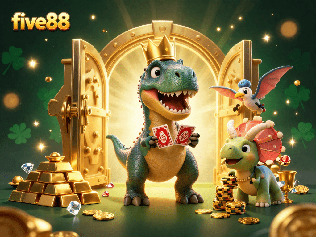 Join five88 for thrilling card games with a charming T-Rex and friends in a vibrant casino scene.