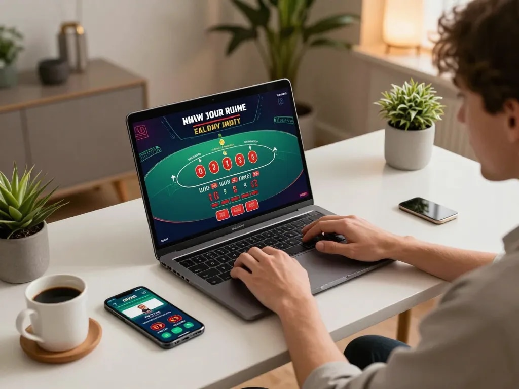 Engaging in online casino games with a laptop, showcasing kjc global gaming experience