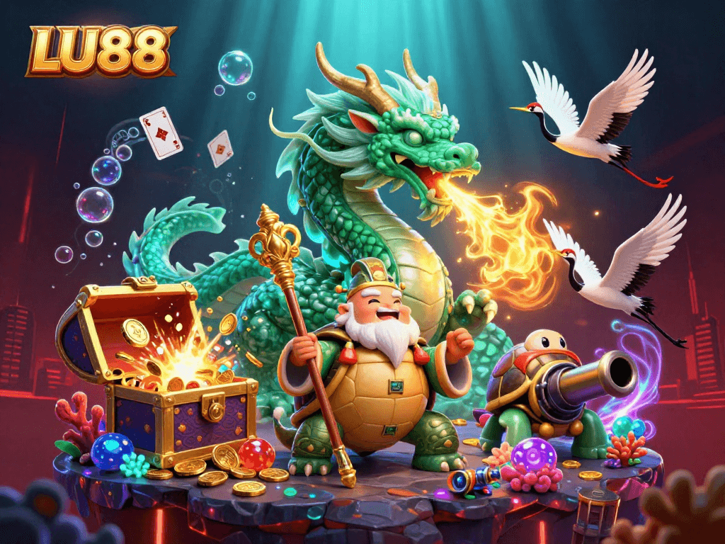 Experience thrilling casinos with LU88 as a jade dragon breathes fiery luck amidst treasure.