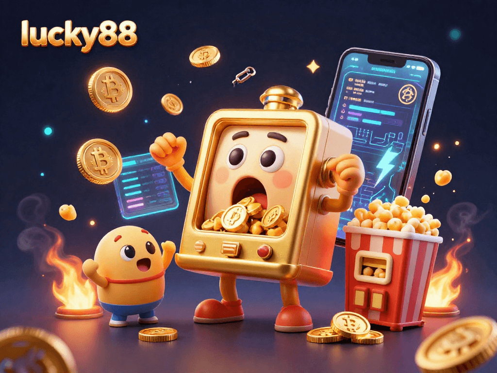 Experience the excitement of lucky88 with a vibrant casino scene featuring a golden jackpot slot machine, cheering characters, and glowing cryptocurrency elements.