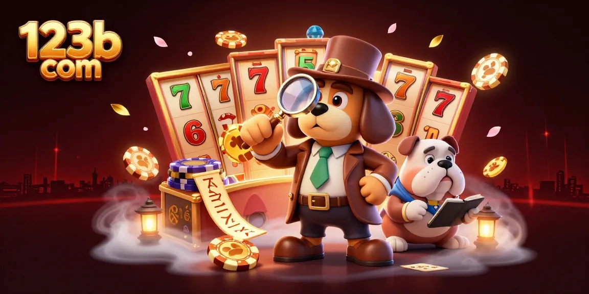 Explore thrilling wins at 123b com with a detective style, poker chips, and vibrant slot reels.