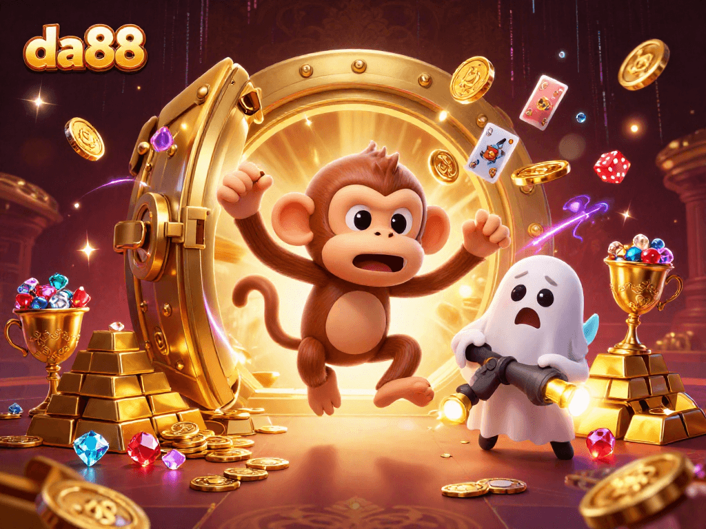 Experience the thrill of da88 with an energetic poltergeist monkey juggling treasures in a vibrant casino.