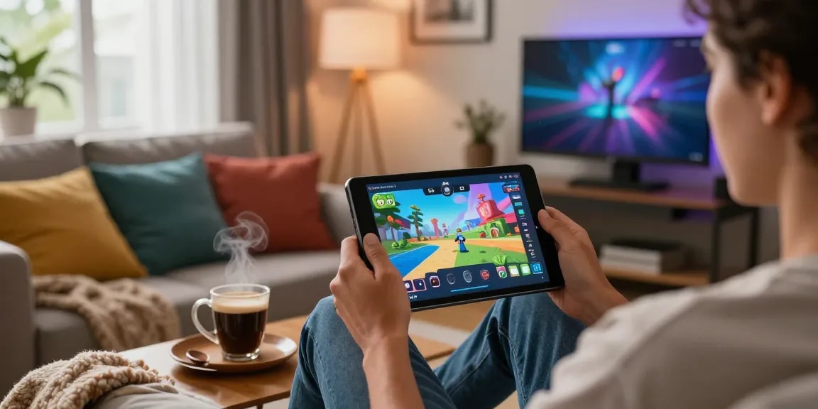 Enjoying an adult game on a tablet in a cozy modern living room