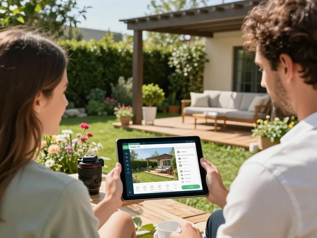 Creazione di un design personalizzato con configuratore pergole 3D all'aperto con un tablet in un giardino vivace.