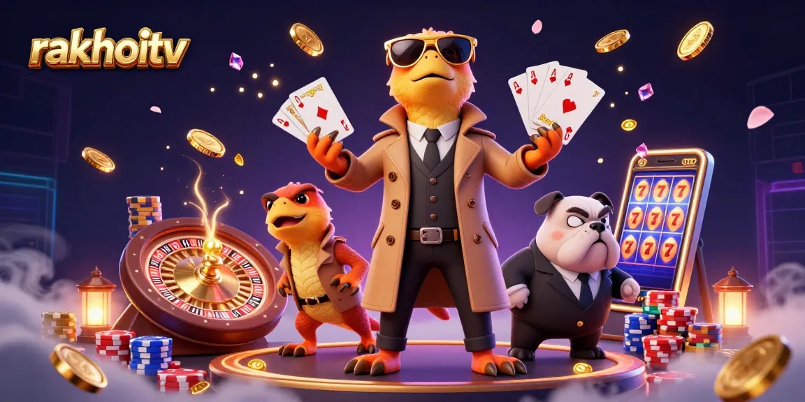 Experience the excitement of rakhoitv with raptors and a bulldog bouncer amid a lively casino scene.