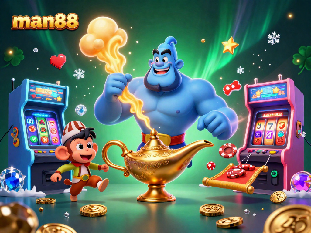 Play exciting games at man88 with a vibrant illustration featuring a genie, poker chips, and slot reels.