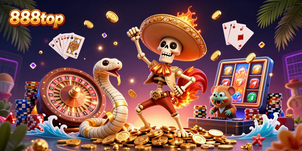 Experience the thrill of 888top with dynamic characters and vibrant casino elements in a stunning illustration.