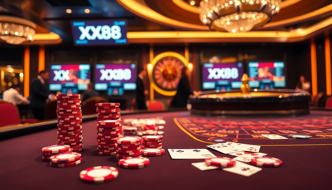 Experience the thrill of XX88 Baccarat with excited players and vibrant casino elements.