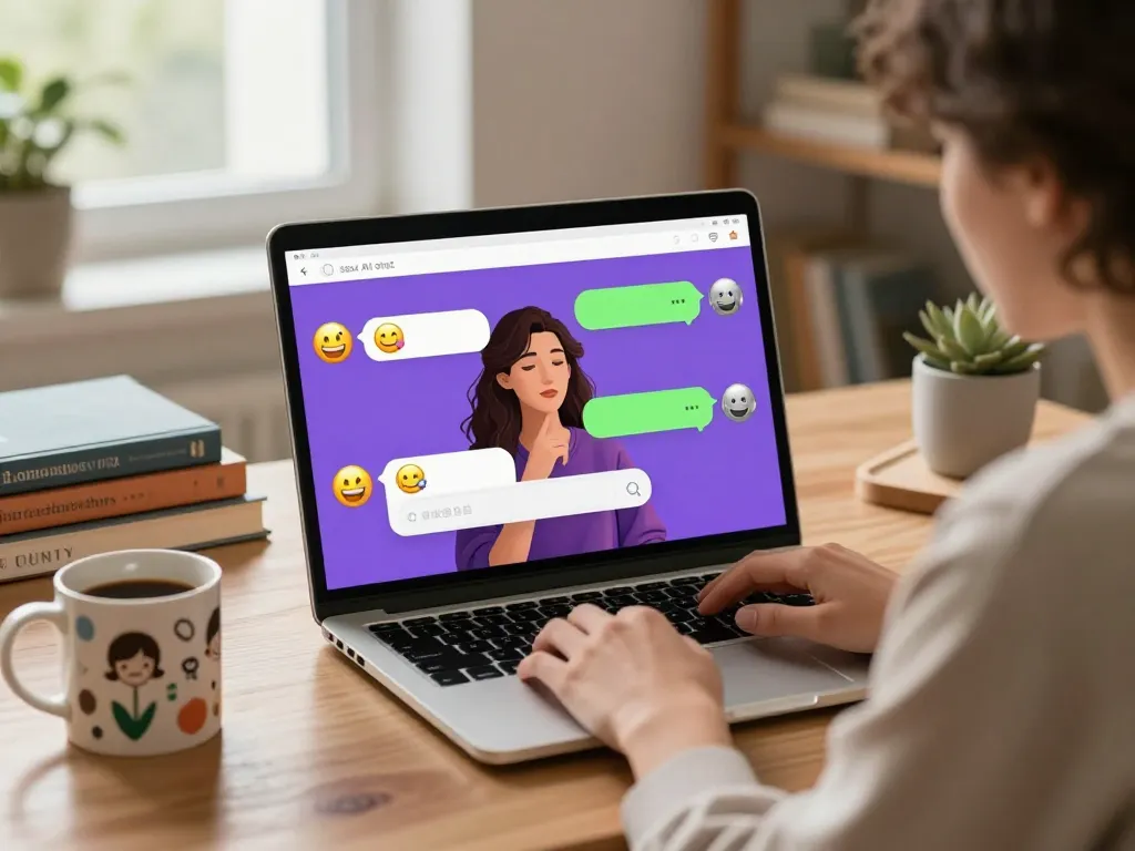 Engaging conversation with an AI chatbot in a cozy home office, illustrating the concept of sex ai chat.