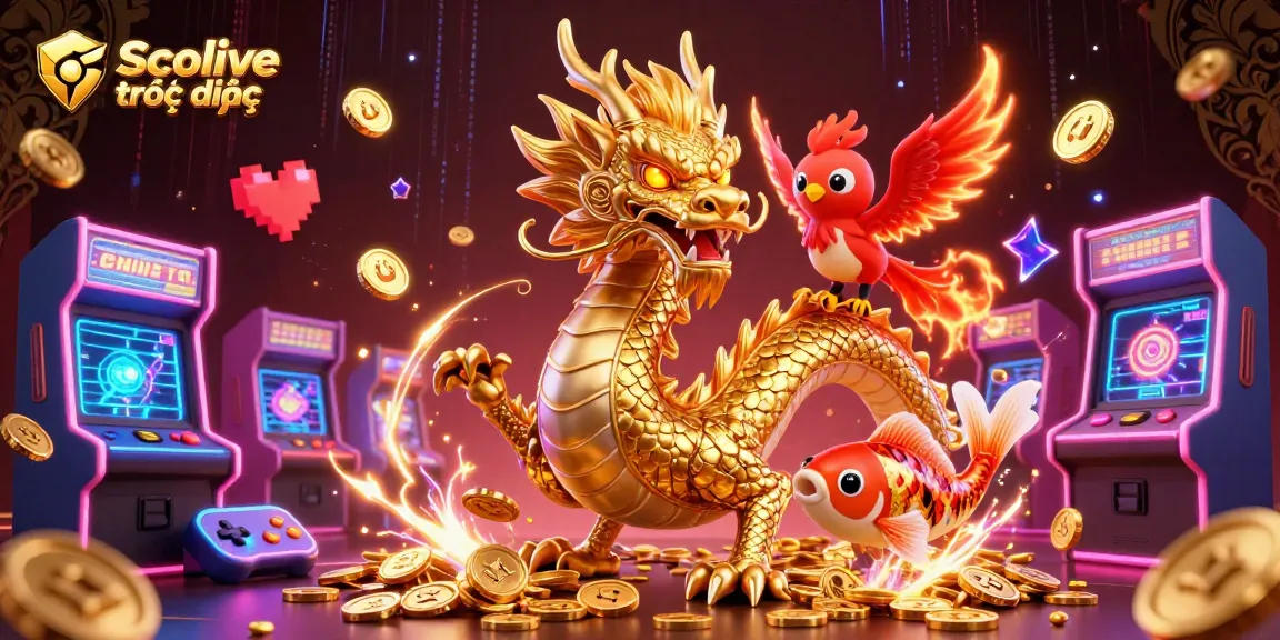 Socolive trực tiếp showcases thrilling gameplay with a dynamic dragon, phoenix, and koi fish amidst vibrant casino elements.