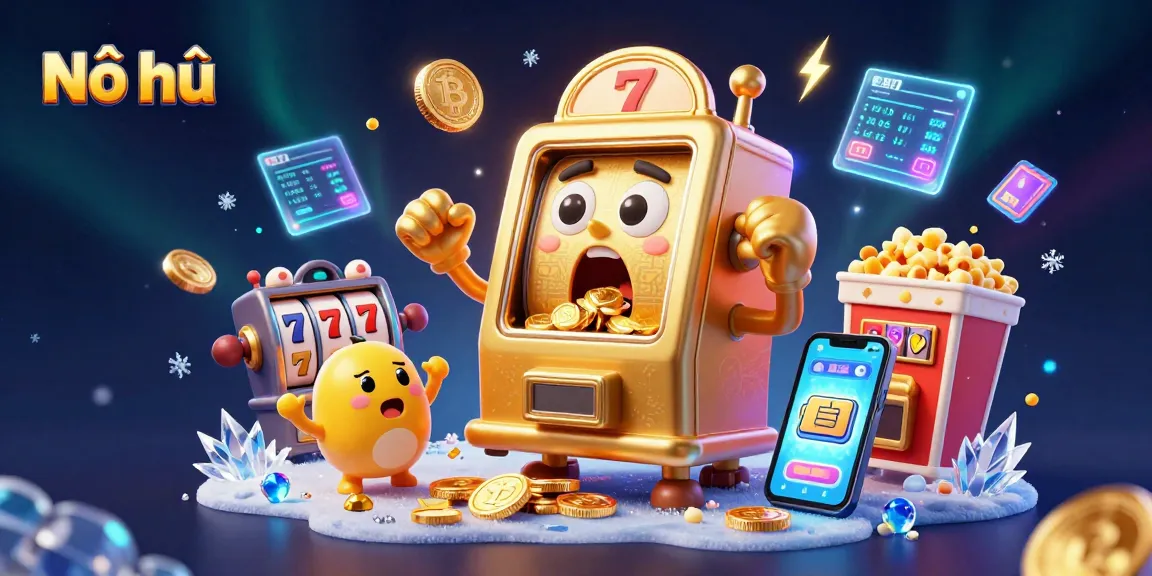 Nổ hũ gameplay thrilling experience with a cartoon slot machine winning jackpot and cheering sidekicks.