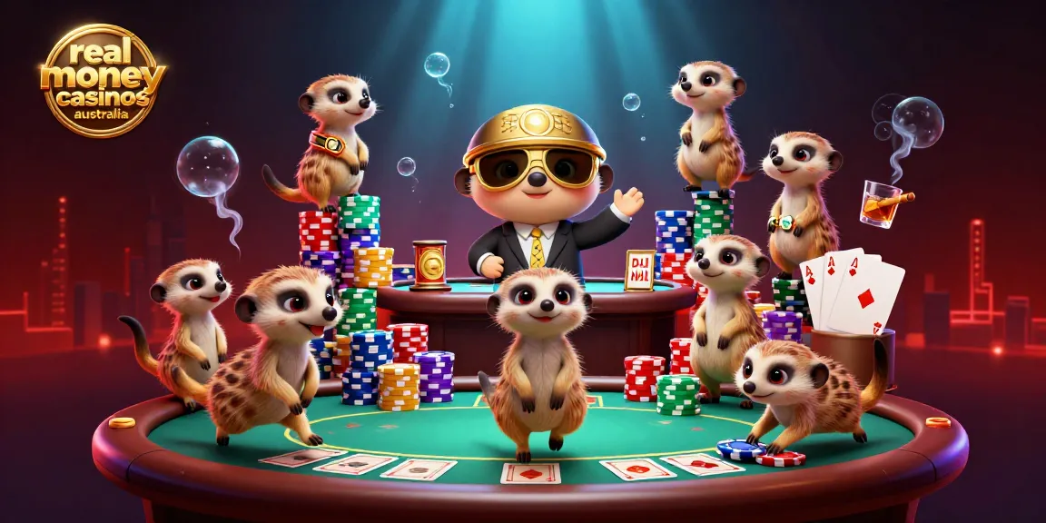 Engage with real money casinos Australia featuring meerkats managing a lively casino scene filled with poker elements.