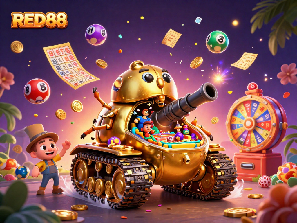 Experience excitement with the RED88 casino tank showcasing vibrant games and lottery elements.