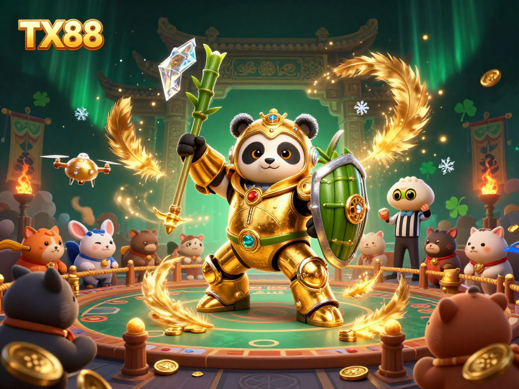 Engage with TX88’s thrilling gambling scene featuring a mech-suit panda in action.