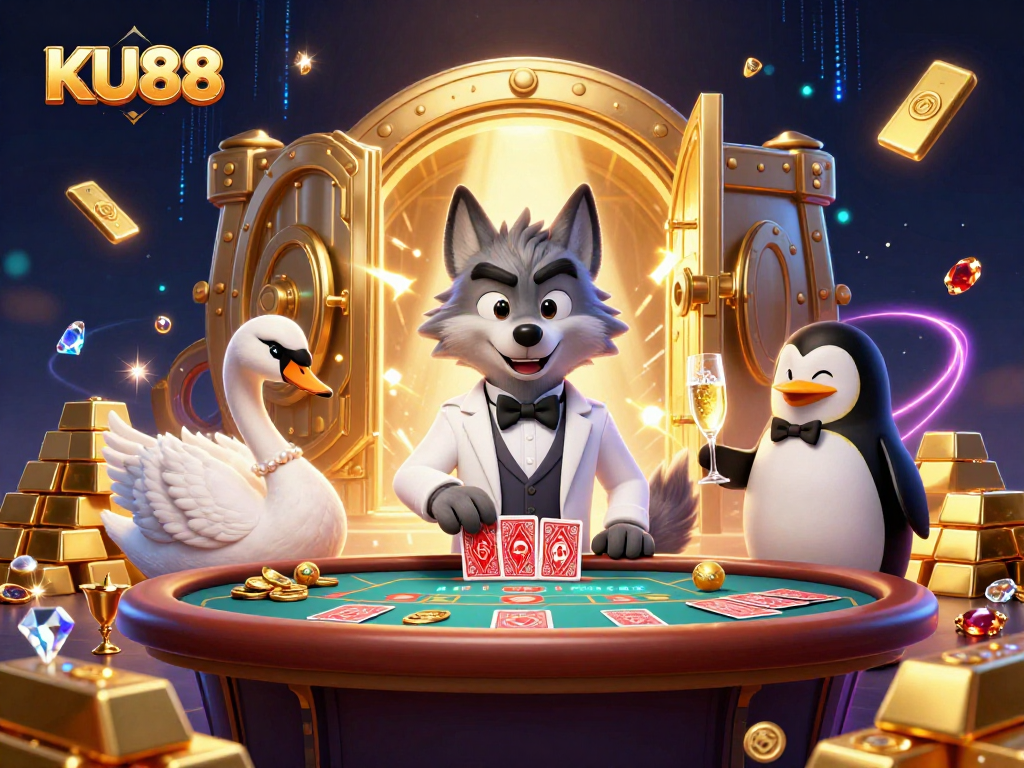 Experience thrilling baccarat action with KU88 amidst lavish casino elements.