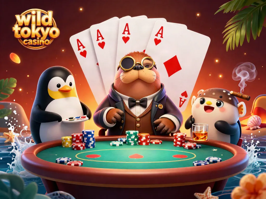 Engage in exciting poker hands at wild tokyo casino featuring colorful chips and a sophisticated underwater setting.