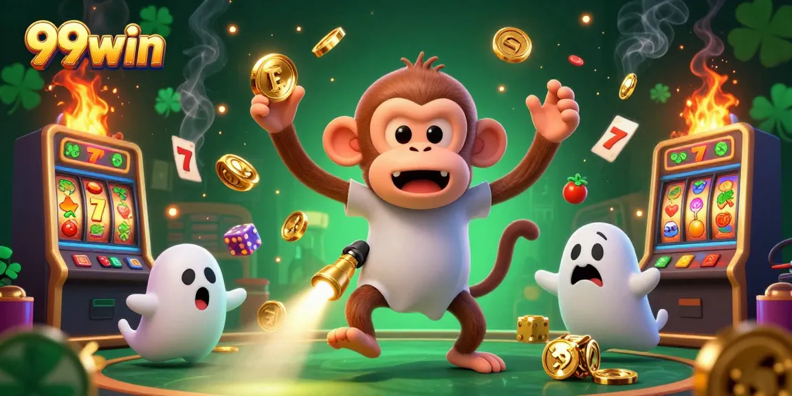 Exciting 99win casino scene featuring a mischievous monkey and a curious puppy amidst slot reels and glowing elements.