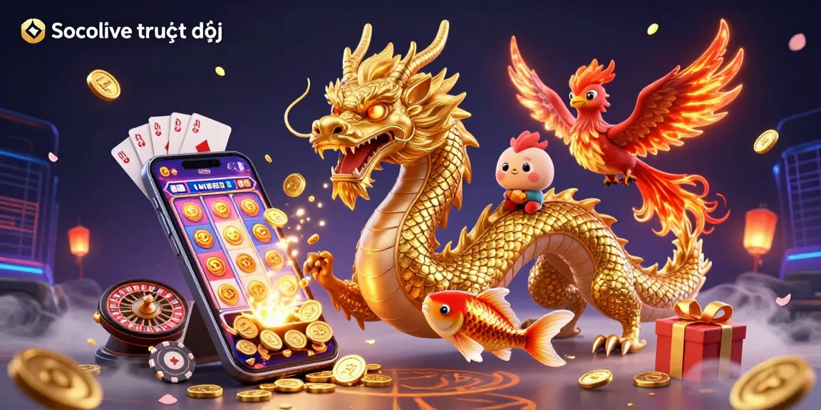 Socolive trực tiếp brings excitement with vibrant casino action featuring a golden dragon and colorful slot games.