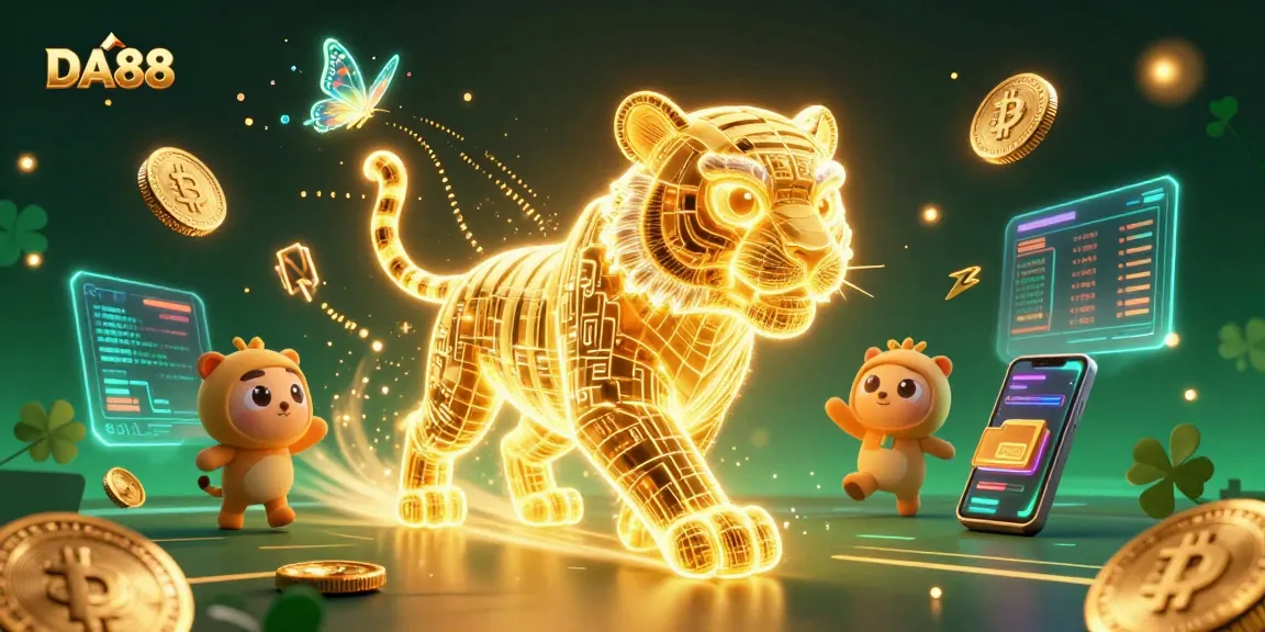 Experience DA88's vibrant digital casino world with golden tiger and crypto elements