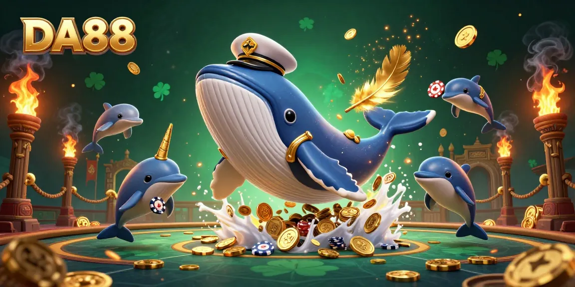 Experience the excitement of DA88 with a vibrant 3D scene featuring a whale and dolphins amidst a sea of coins and casino games.
