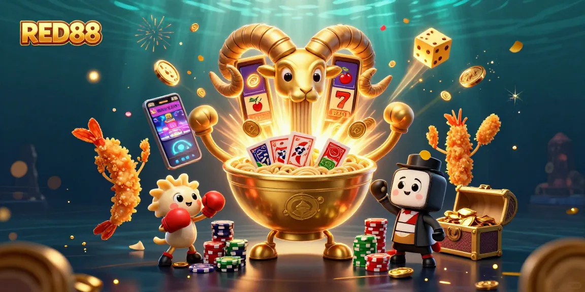 Engage with the vibrant world of RED88 showcasing a lively 3D casino scene with a ramen bowl dealer and dynamic gaming elements.