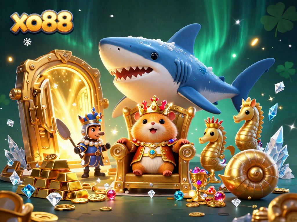Experience the thrill of xo88 casino games with a vibrant illustration featuring the fierce hamster king and treasures.