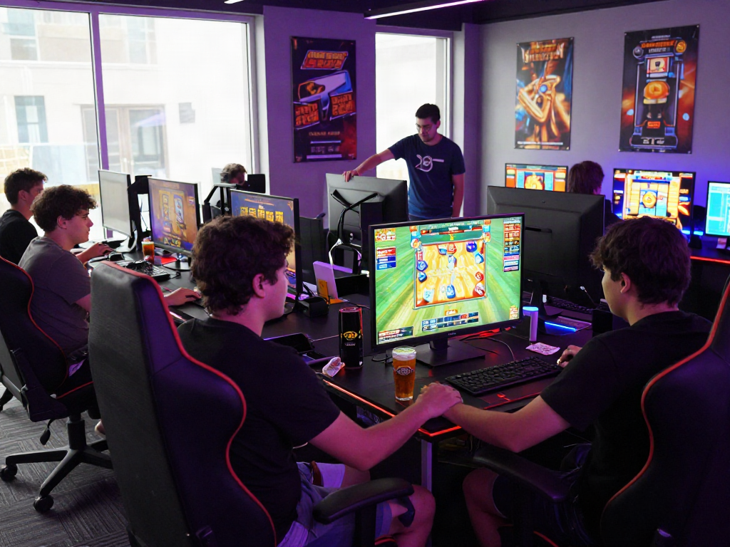 Engaged players at a gaming lounge enjoying rokok88 slot login experience with vibrant screens.