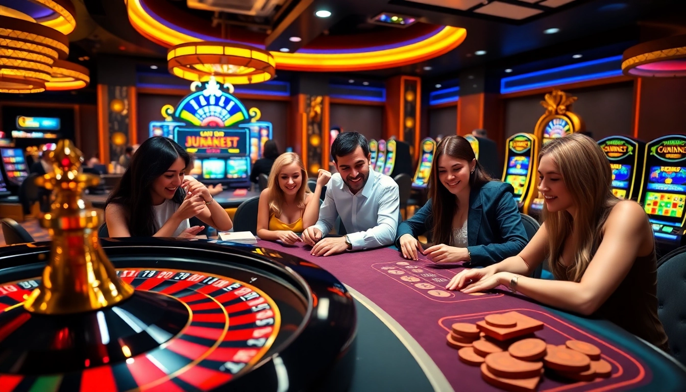 C168 players enjoying an exciting online gambling experience at bright slot machines and roulette tables.