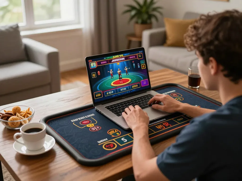 Player enjoying live dealer gaming on Jun88 VN from cozy home setup with snacks and laptop.