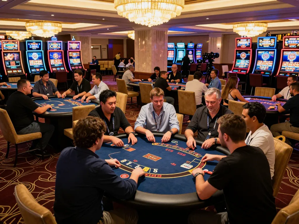Engaged players at nk88 casino strategizing during poker game on lively casino floor