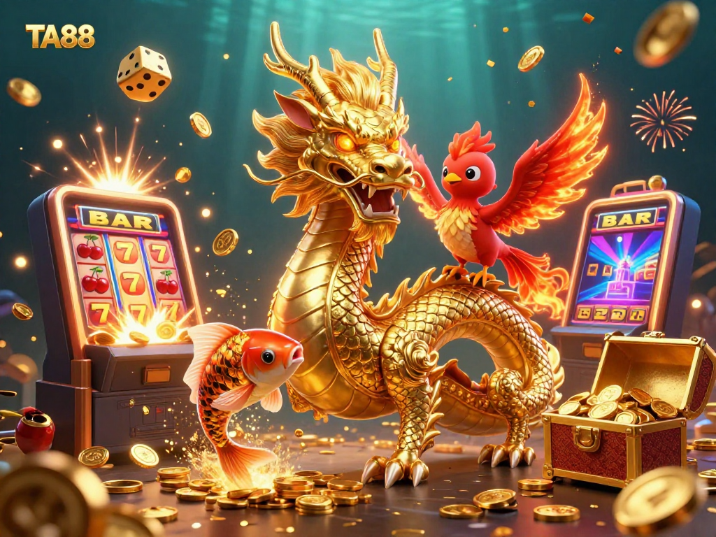 TA88 showcases a vibrant 3D casino scene with a golden dragon, phoenix, and koi, celebrating jackpots.