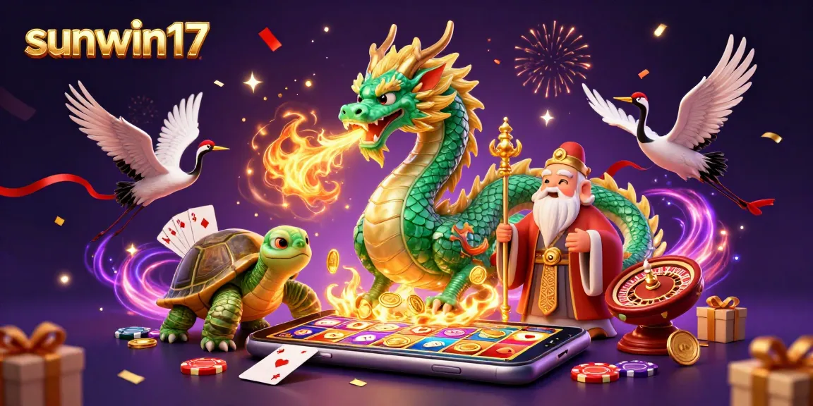 Engage with sunwin17 and experience thrilling jackpots with a dynamic casino illustration featuring a jade dragon and lucky symbols.