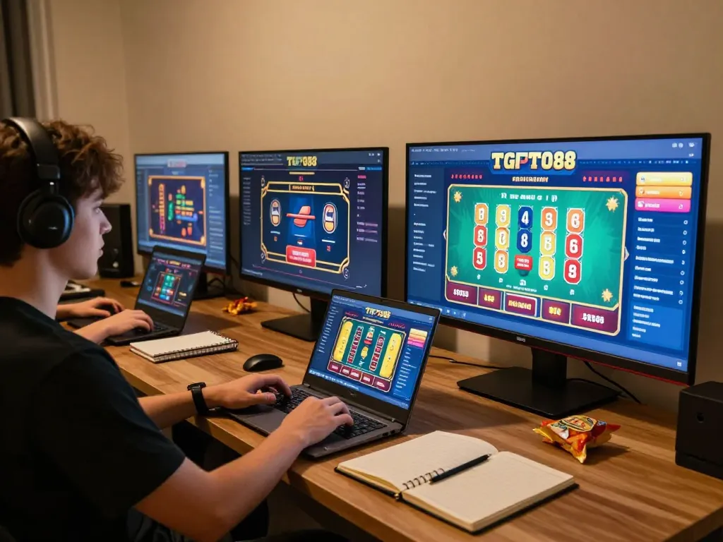 TG88 app displayed on laptop during online gambling session with chips and notes nearby